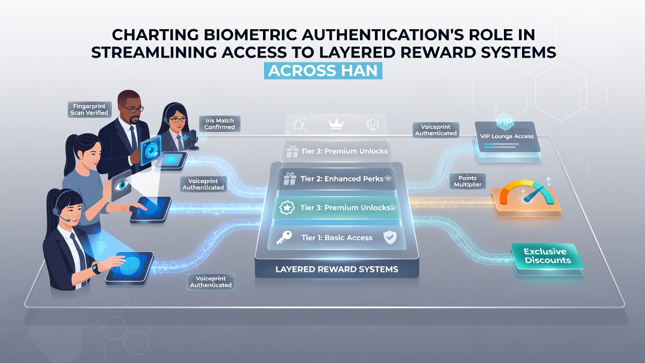 Mobile gaming app dashboard displaying tiered reward levels accessed via biometric scan on a handheld device