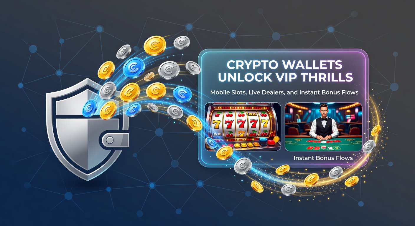 Vibrant digital illustration showing a sleek crypto wallet app connecting to a mobile casino interface with spinning slots and glowing bonus icons