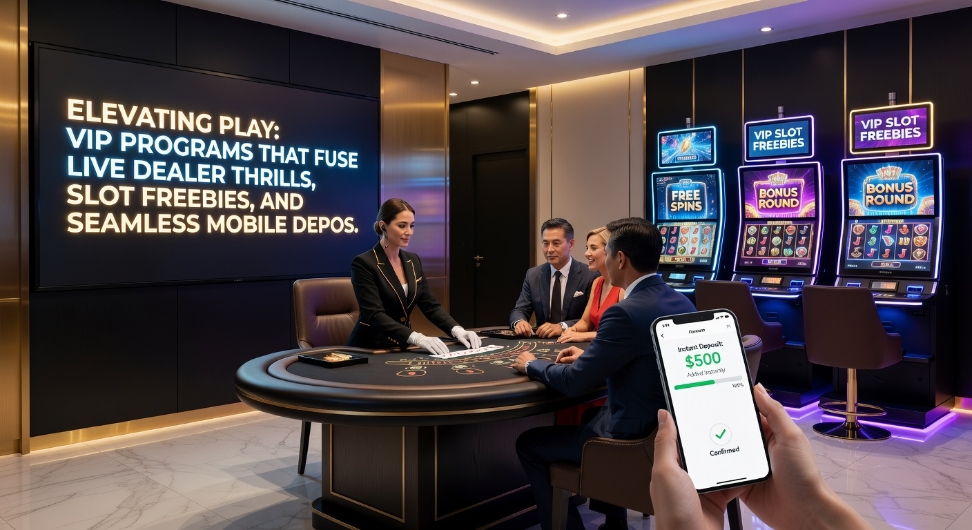 Dynamic VIP casino dashboard showing live dealer tables, spinning slots with free spin offers, and mobile deposit options on a sleek interface