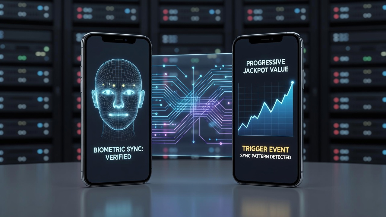 Mobile device displaying biometric authentication screen alongside encrypted gaming interface with progressive jackpot meter