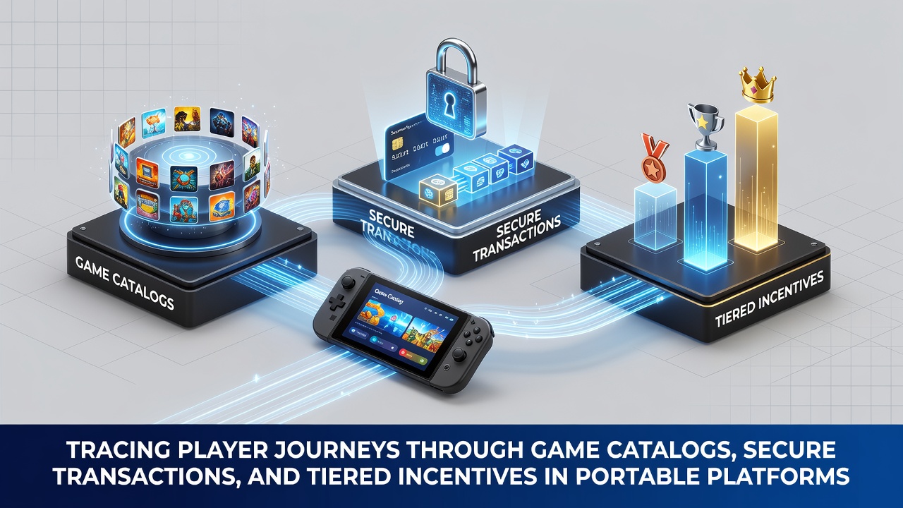 Mobile device displaying a game catalog interface with secure transaction icons and tiered reward badges overlaid on a portable gaming platform