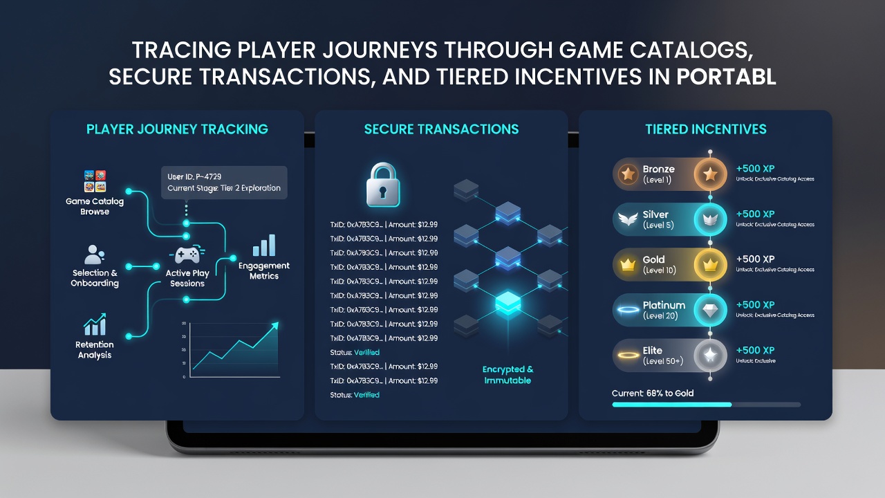Illustration of player progression map showing catalog browsing, encrypted payment flow, and tier advancement milestones on a portable gaming interface